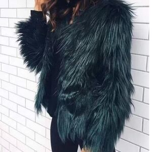 Womens Kimchi Green Faux Fur Jacket Size Medium w/ pockets